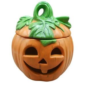 Halloween Ceramic Jack O'Lantern Pumpkin w/Lid Hand Painted 5.5" 1985
